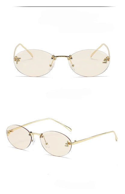 Fashion Oval Frameless Sunglasses Women Sparkling Rhinestone F Design Luxury Sun Glasses Girls shopping travelling eyeglasses