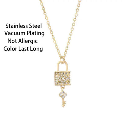 New Design Sense Light Luxury Zircon Crystal Lock Key Pendant Stainless Steel Necklaces For Women Sexy Party Neck Chain Jewelry