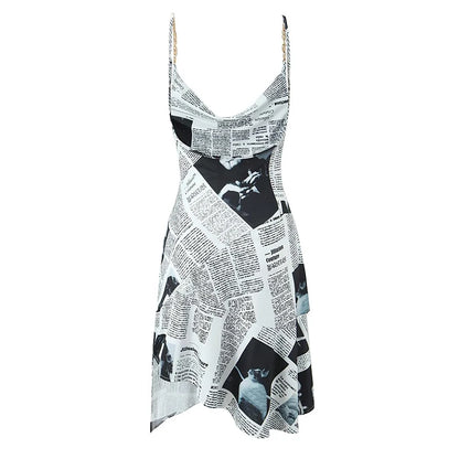 YENKYE New Women Newspaper Letter Print Irregular Hem Sling Dresses Fashion Backless Thin Straps With Chain Summer Sexy Dress