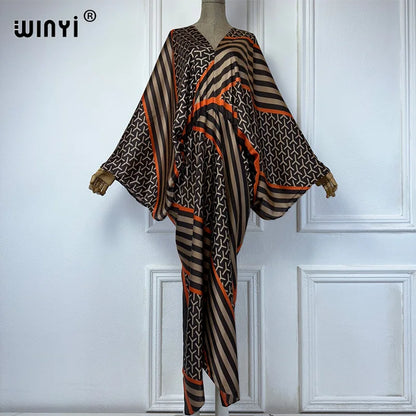 Sexy bech high-quality hand-rolled feel silk rayon fashion print 2021 WINYI Maxi women's robes long beach V-neck Bohemian dress
