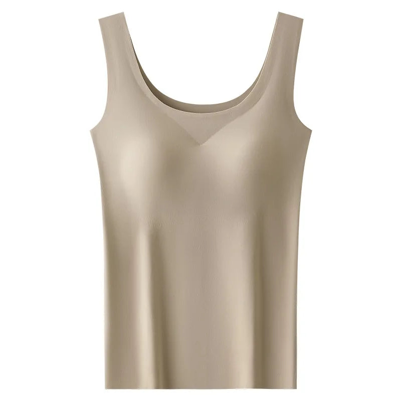 M-2XL Ice Silk Seamless One-piece Bottoming Tank Tops with Chest Pads Women Inner Outerwear Wide Shoulder Sleeveless Tops