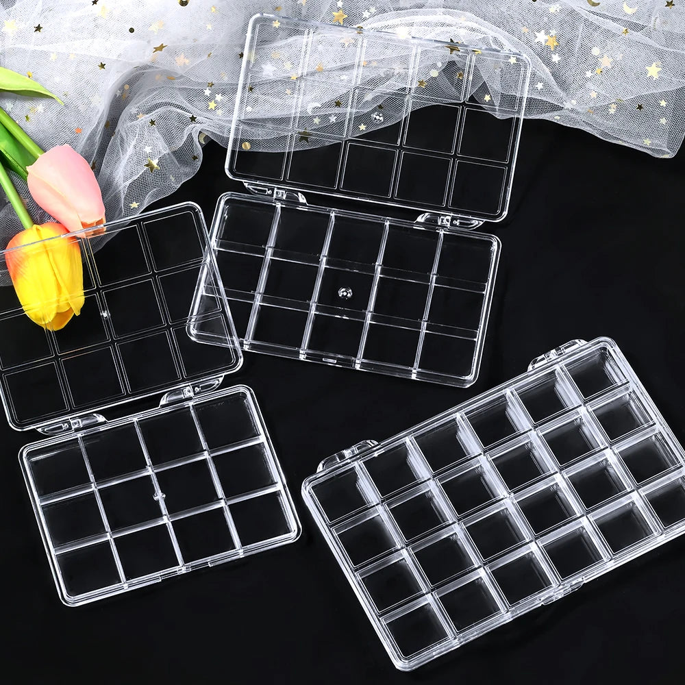12/15/24Grids Empty Storage Box Clear For Nail Accessories Transparent Plastic Container For Jewelry Rhinestones Rectangle Case
