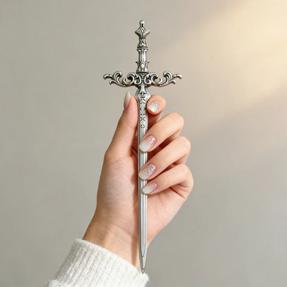 1pc Silver-Tone Sword Hair Stick Ornate Star Medieval Fantasy Design Perfect Cosplay Bold Hairstyles Looks Stylish Accessory