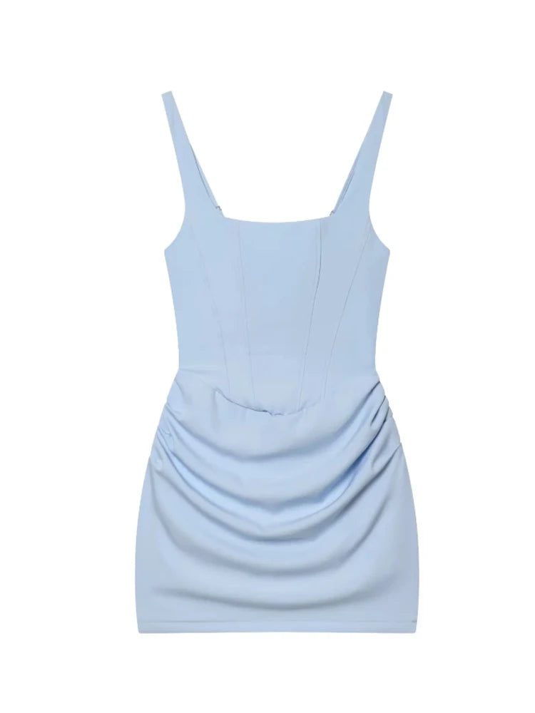 French Style Women Ruched Short Dress Fashion Summer Party Evening Gown Spaghetti Strap Bodycon Sexy Bandage Corset Mini Dress