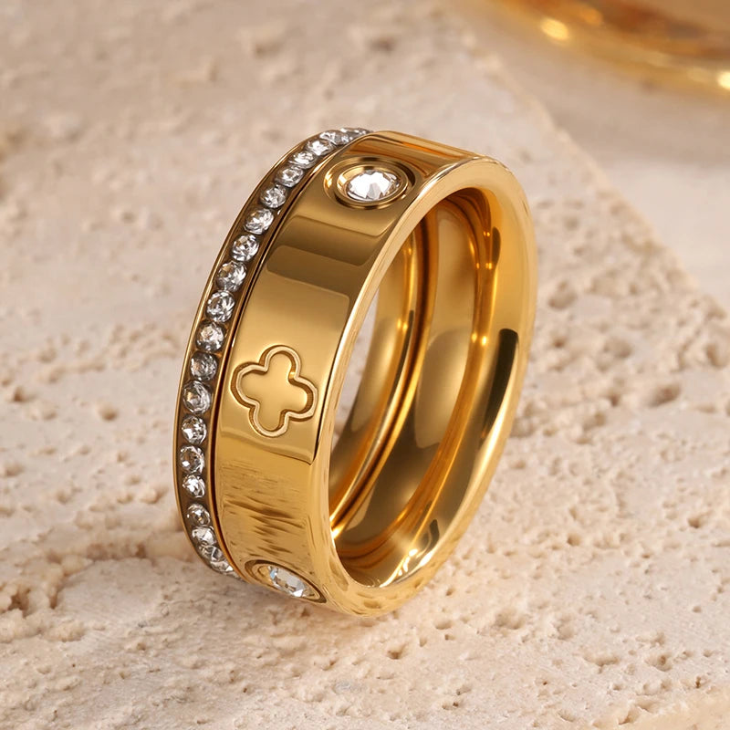 Yupsk French Inlaid Crystal Four-leaf Flower Stainless Steel Rings Set For Women 18K-Gold-plated Waterproof Not Fading Rings