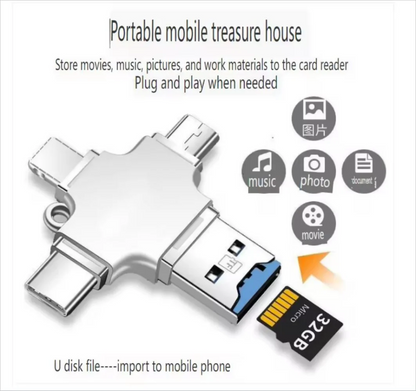 4 In 1 Multi Port Card Reader Lightning USB Type C Portable Converter Compatible With iPhone iPad Android Mac PC Camera