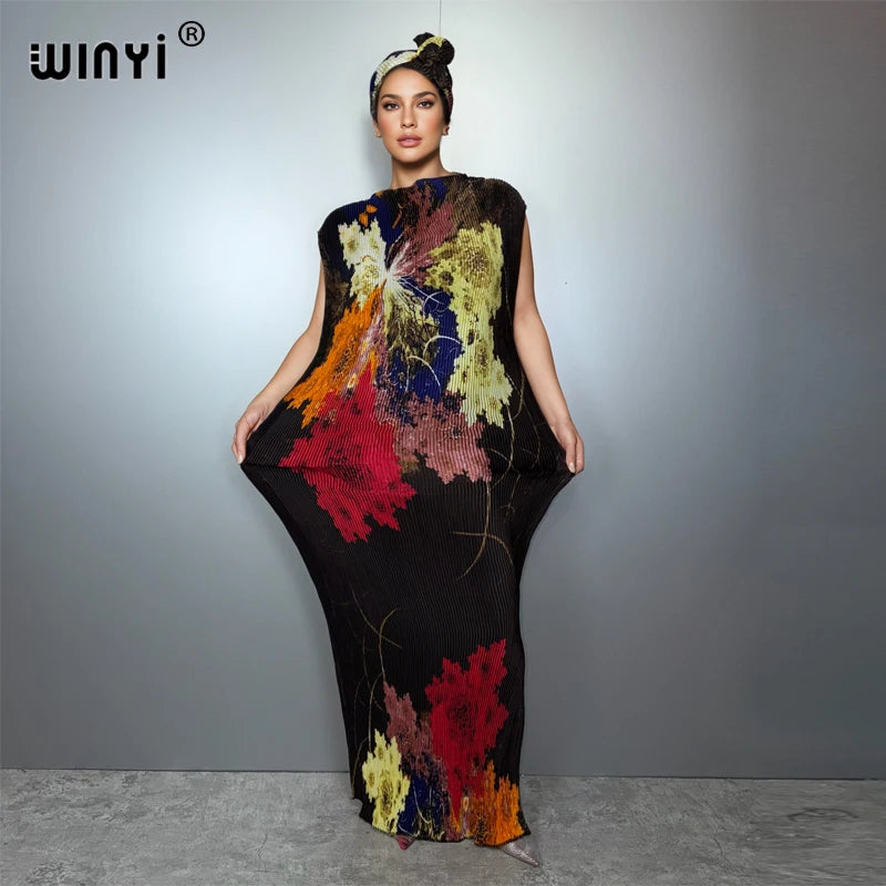 WINYI Pleated elastic slim dress Women crumple Design Pleated luxury abaya muslim party dress poncho for women beach wear kaftan
