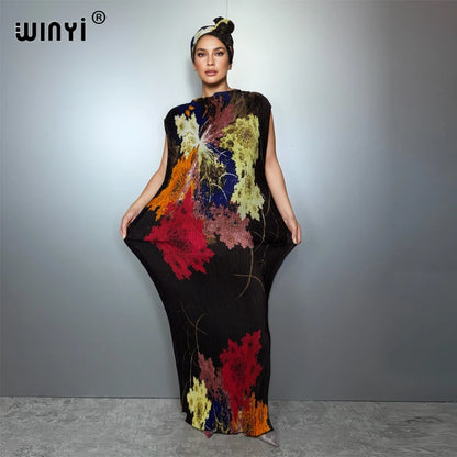 WINYI Pleated elastic slim dress Women crumple Design Pleated luxury abaya muslim party dress poncho for women beach wear kaftan