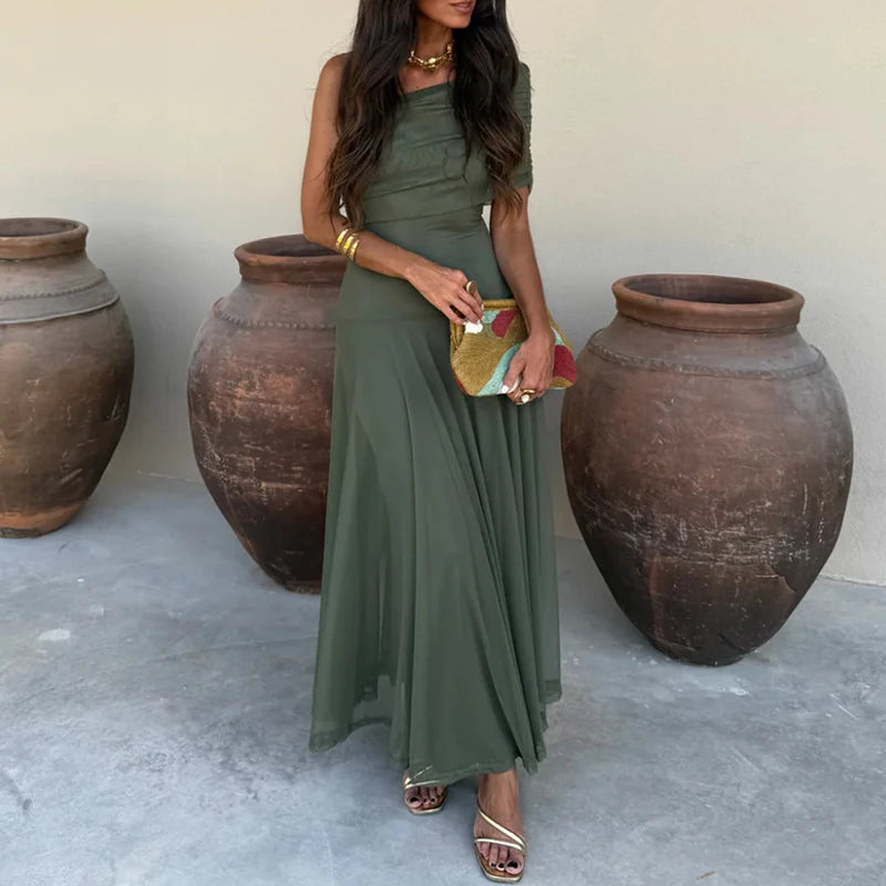 Casual Asymmetrical Dress Summer Slanted Collar High Waist Pleats Long Dress Lady Elegant One Shoulder Sleeve Slim Banquet Dress