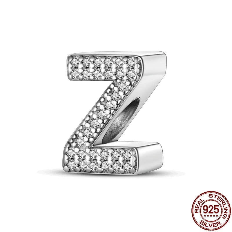 Original 925 Sterling Silver 26 Alphabet Letters Sparkling Zircon Charms Pendant Beads For Women Fine DIY Birthday Jewelry Gifts