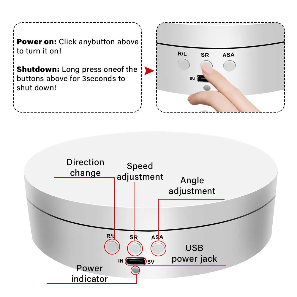 360-degree turntable,electric rotating mirror display stand,USB/battery dual power supply,rotating shooting,three-speed settings