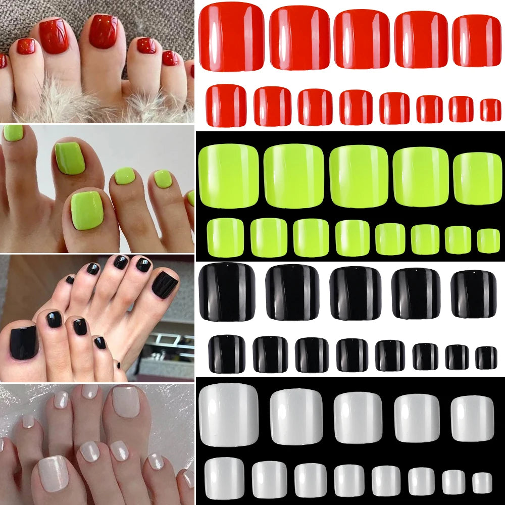 120Pcs Glossy Black Press On Toenails Short Square Full Cover Fake Toenail Tips for Summer Women False Foot Nail Tip Extension &