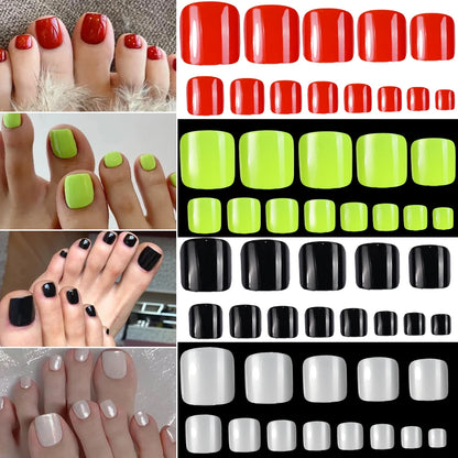 120Pcs Glossy Black Press On Toenails Short Square Full Cover Fake Toenail Tips for Summer Women False Foot Nail Tip Extension &
