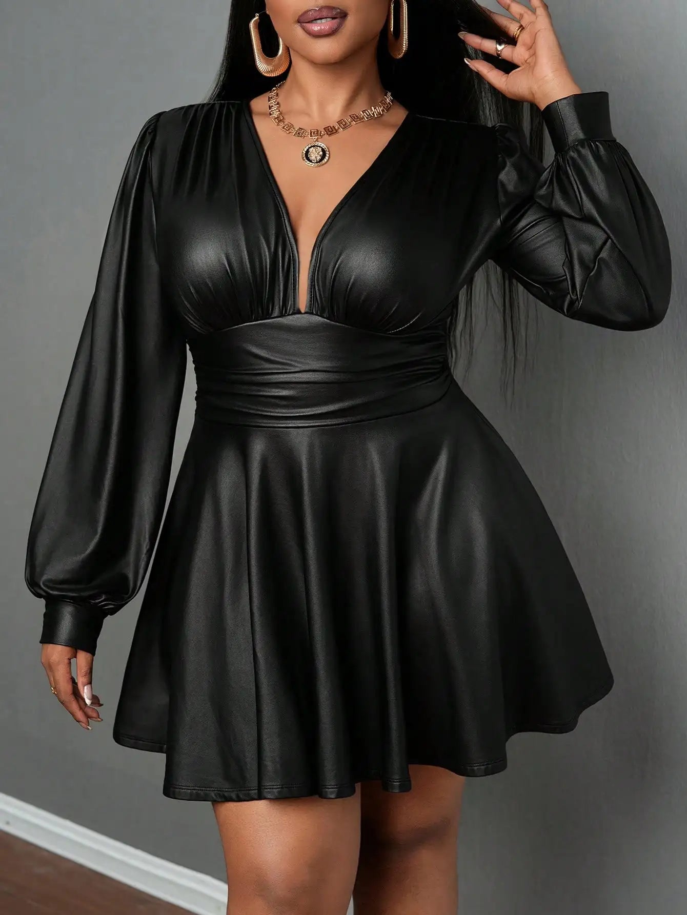 plus Size Leather Skirt for Women Deep V Neck Lantern Sleeve Waist Cinched A-Line Party Outfit Sexy Girl's Ensemble