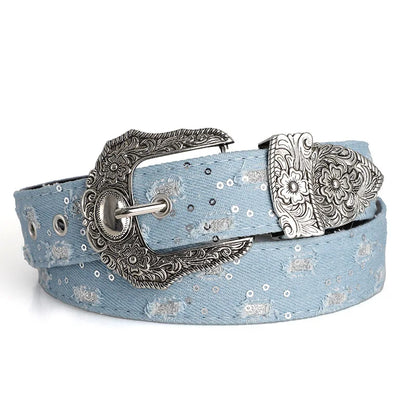 Women's Retro Casual Trend Rhinestone Buckle Belt, Street Ripped Denim Style Punk Rock Versatile Fashion Accessory，For Men Women