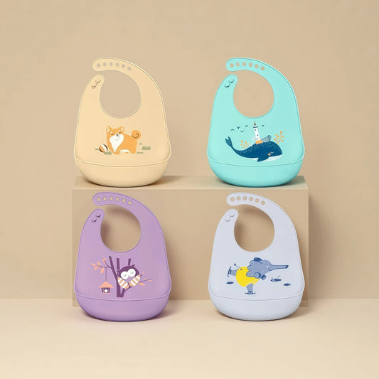‌Waterproof Silicone Baby Bibs – Adjustable & Cute Printed Design for Girls & Boys, Soft Leak-Proof Feeding Bibs, BPA-Free & Dis