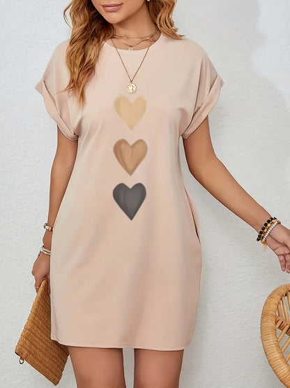 Women'S Casual Knit TShirt Dress with Heart  Print Crew Neck Short Sleeve Fashionable Top Black with Colorful Flag Design