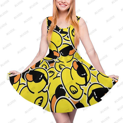 Summer New Fashion Yellow Classic Ducks Graphic Women Sleeveless Dress Kawaii Animal Aesthetic Dresses Female Kawaii Dress