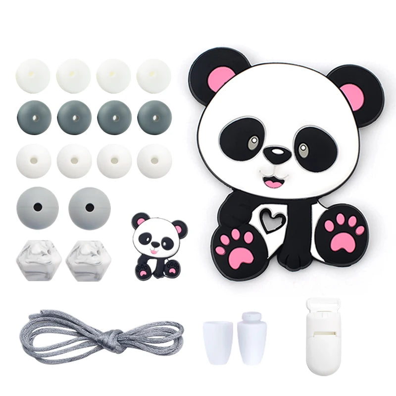 LOFCA Silicone Teether Wood Beads Set BPA Free DIY Baby Teething Necklace Toy Cartoon Koala Raccoon Pacifier Chain Clip