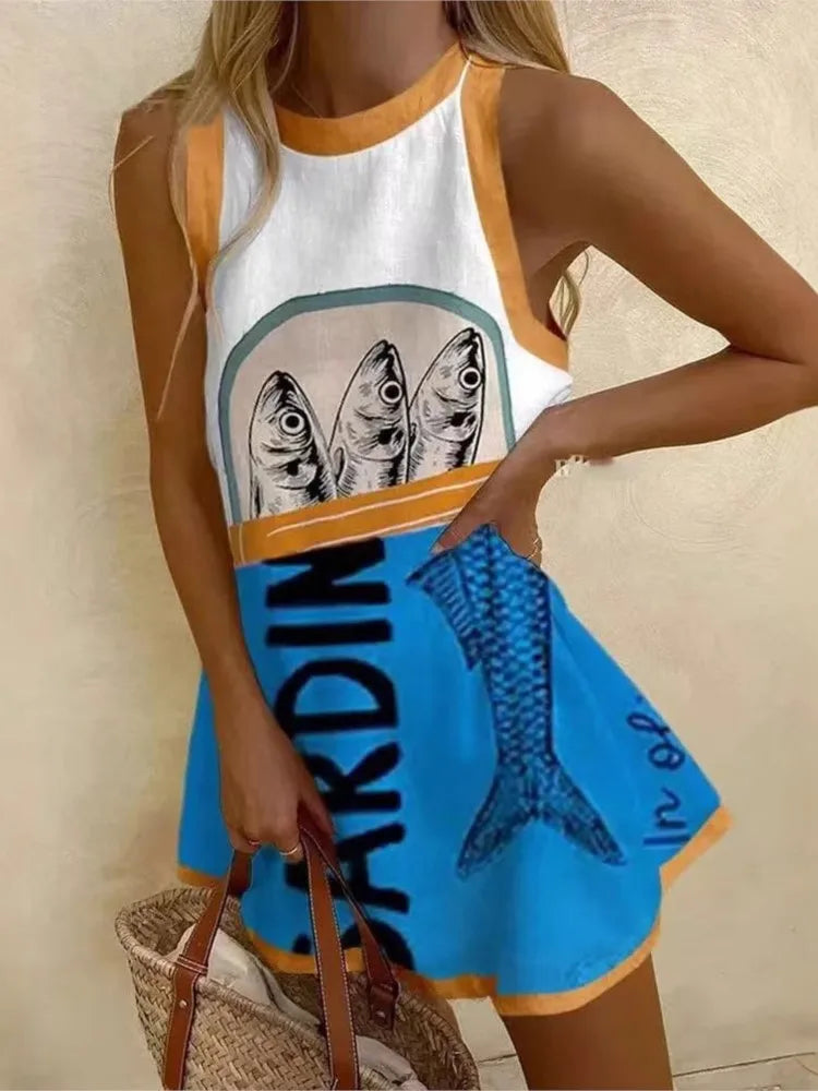2025 Summer Casual print loose mini Dresses For Woman Fashion Beach Marine elements Dress o-neck  Sleeveless party Dress