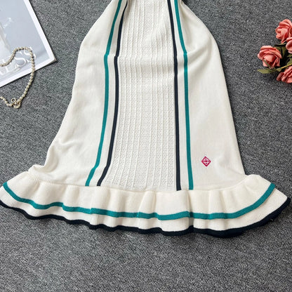 YuooMuoo Women Dress 2025 Summer Vintage Turn-down Collar Knitted Mini Dress Lady Slim Elastic Ruffled Bodycon Party Dress Robes