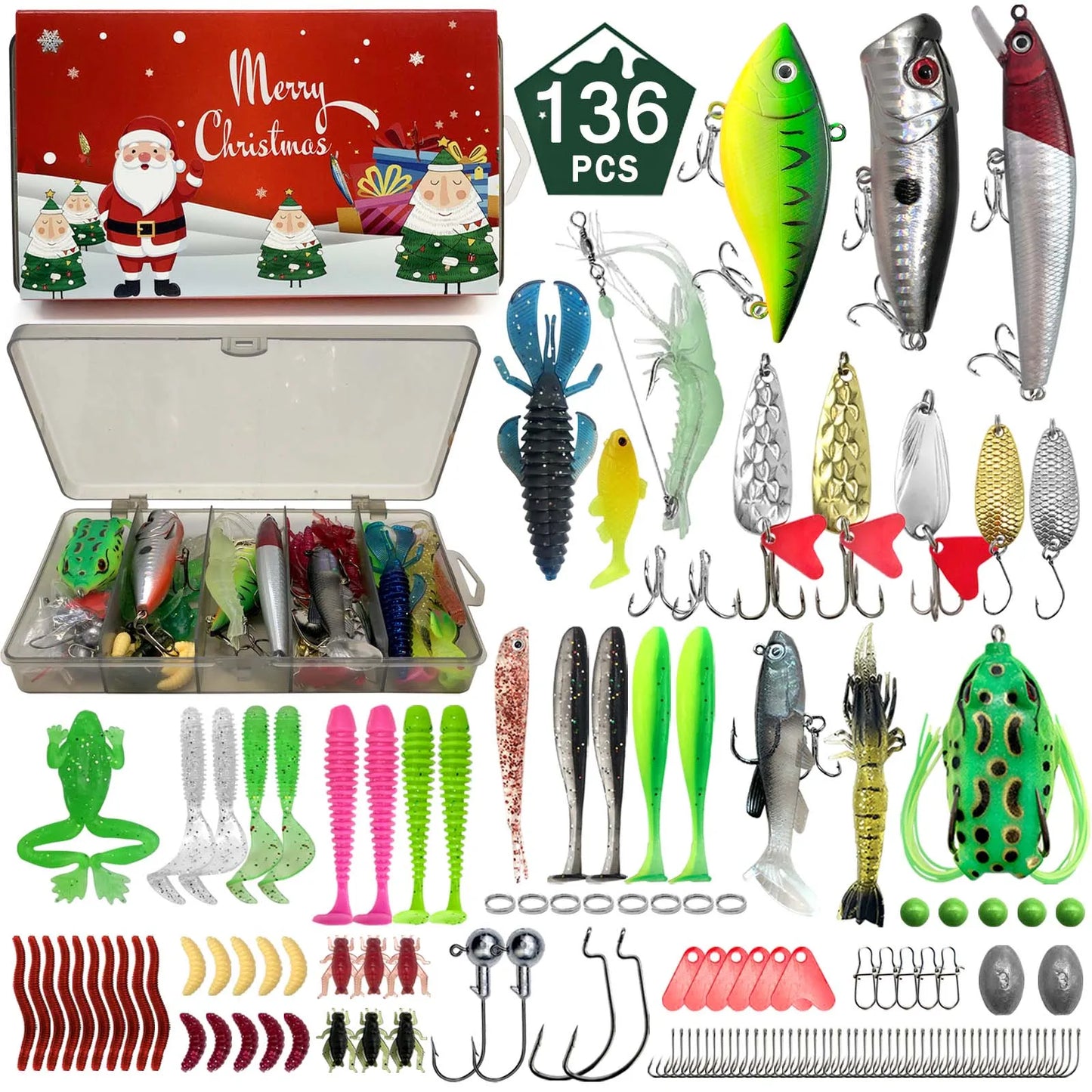 411/366/136/86Pcs of Christmas fishing lure set with storage box,  which is common in salt water and fresh water