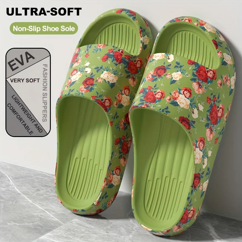 Women Men Floral Slide Sandals Plus Size Soft Slippers Thick Sole Non Slip Beach Shoes Casual Summer Indoor Outdoor Footwear
