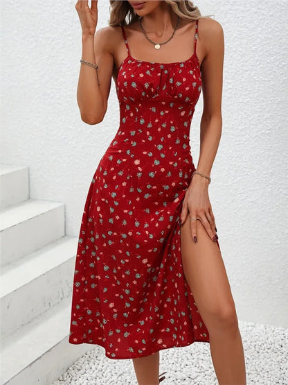 New Summer Sexy Spaghetti Straps Dress Women Fashion Polka Dot Print Sleeveless Slit Dress Boho Casual Beach Midi Dresses