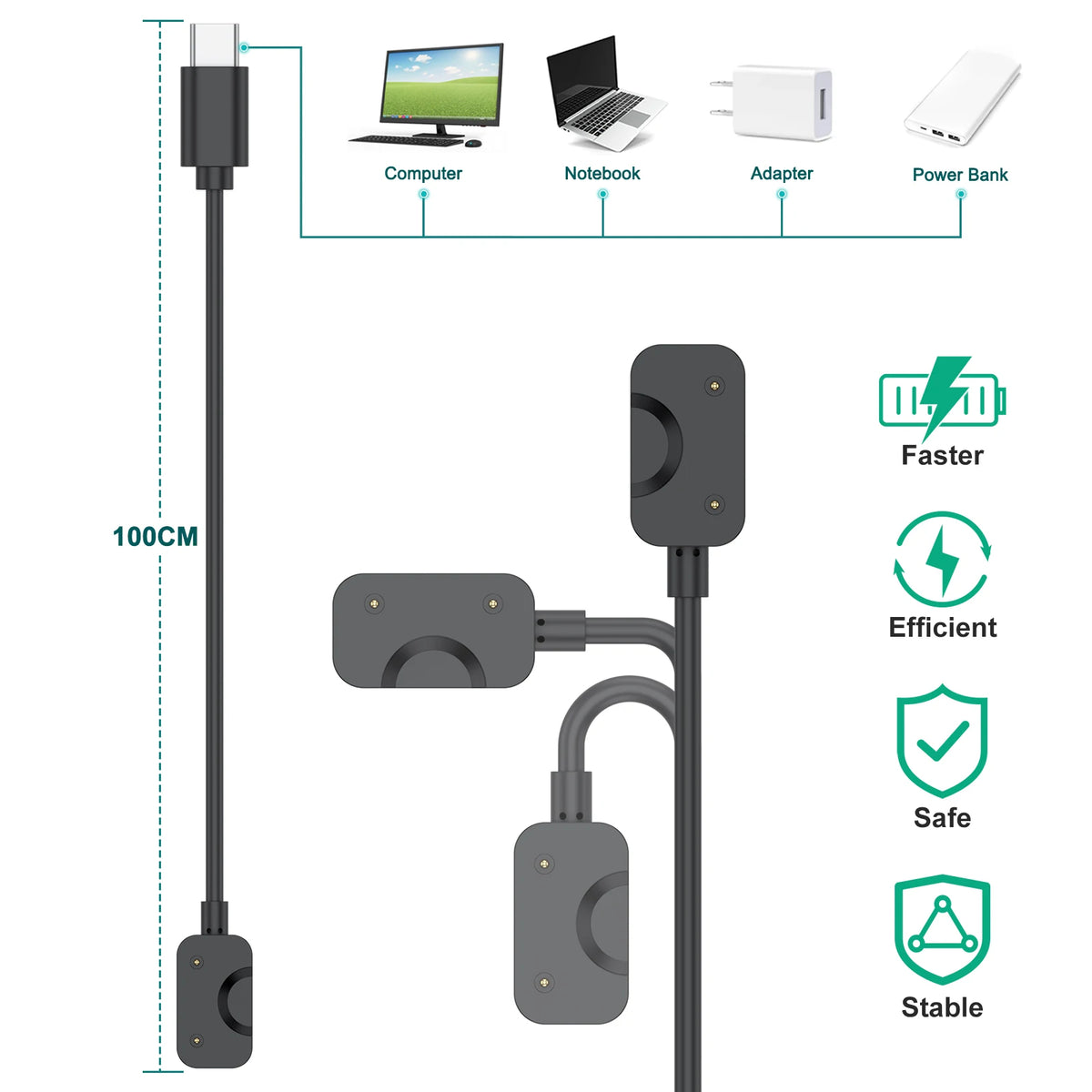 100CM For Samsung Galaxy Fit 3 Charger Watch Adapter USB / USB C Charging Cable Cord Magnetic For Samsung Galaxy Fit 3