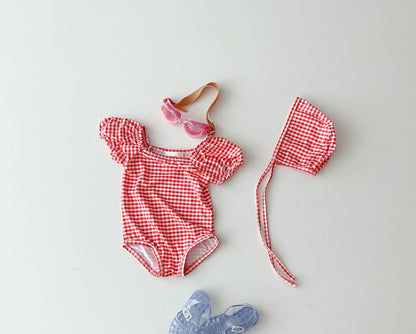 2025 Summer New Baby Girl Long Sleeve Sunscreen Swimsuit Newborn Bodysuit Toddler Girls Heart Print One Piece + Hat