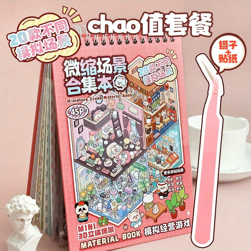 Mr Paper 45Pcs Scenes Cartoon Landscape Sticker Book Forest Village DIY 3D Sticker Cabin Scene Pocket Birthday Gift For Planner