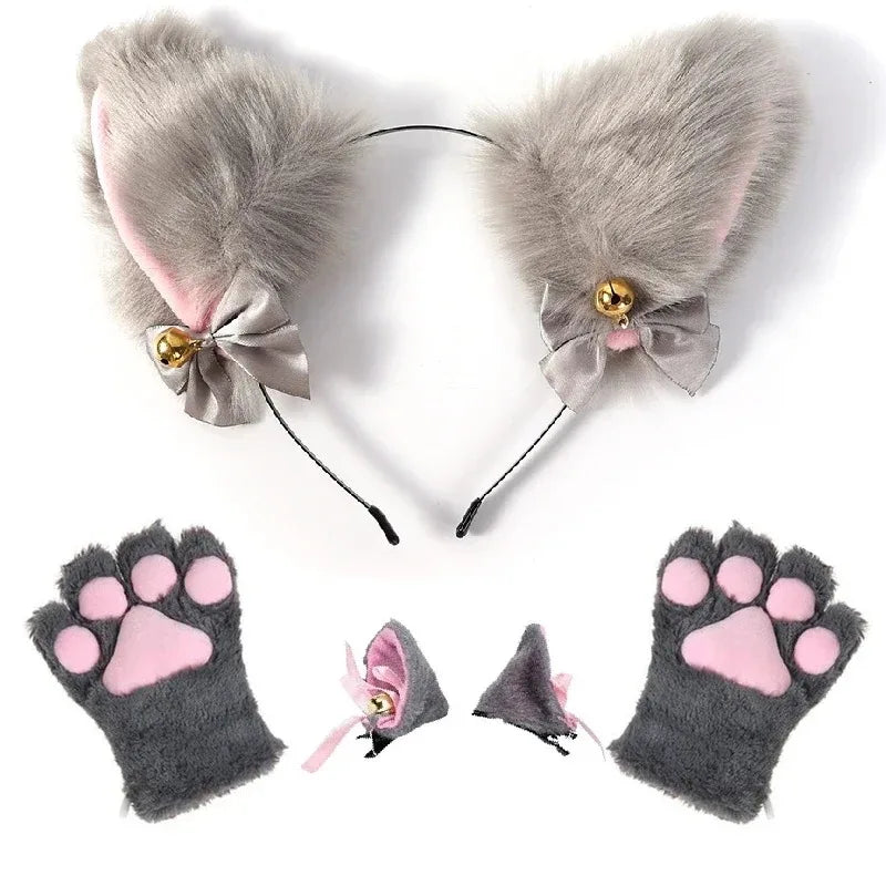 1 Set Cute Cat Ear Hair Wear Claw Gloves Girls Anime Cosplay Costume Plush Bell Cat Fur Ear Hairband Night Party Club Headbands