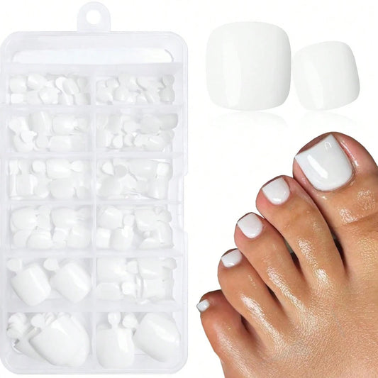 120PCS/Box Short Square Pressed Toenail Women'S White Fake Toenail Press, Perfectly Fits The Nail, Reusable Acrylic Fake Toenail