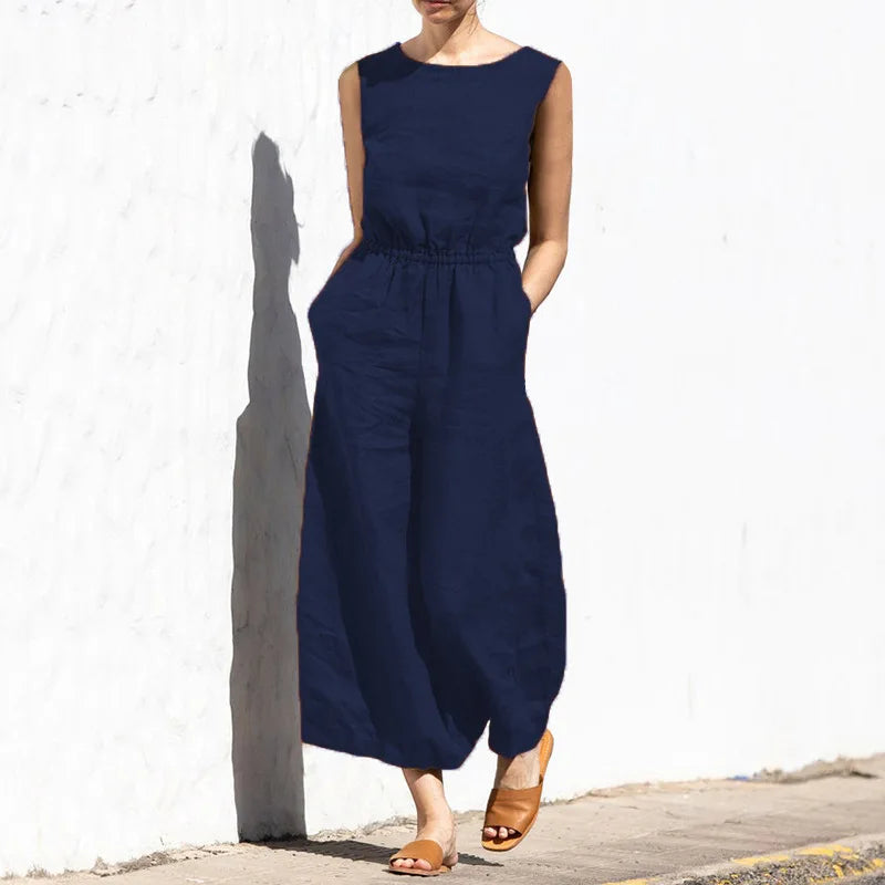 Cotton And Linen Jumpsuit Women Solid Color Sleeveless Pocket High Waist Wide Legs Jumpsuits Casual Commuting Ladies Bodysuits