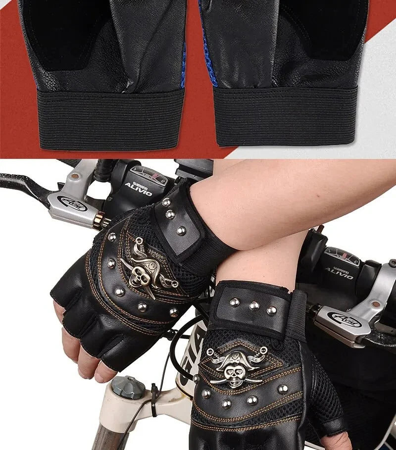 Pirate Captain PU Leather Fingerless Gloves Men Women Skulls Rivet Mitts Hip Hop Gym Gloves Female Moto Half Finger Gloves