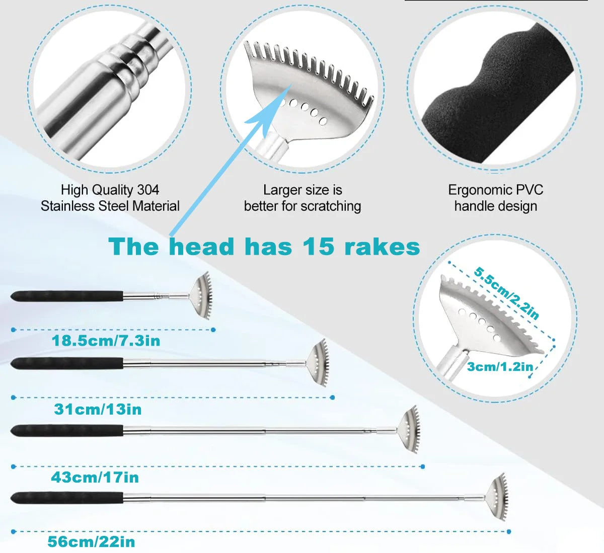 Extendable Back Scratcher the head has 15 rakes, Stainless Steel Portable Telescopic Rubber Handle Back Scratchers
