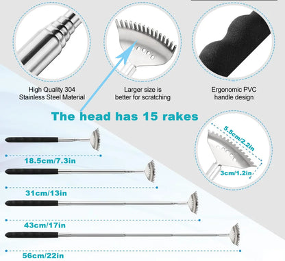 Extendable Back Scratcher the head has 15 rakes, Stainless Steel Portable Telescopic Rubber Handle Back Scratchers