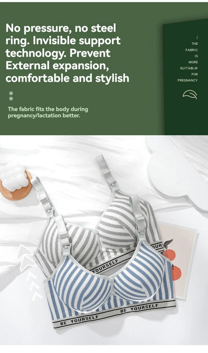 New Lightweight Breathable Maternity Breastfeeding Bra Made of Pure Cotton Gathered Anti Sagging Letter Stripe Women's Underwear