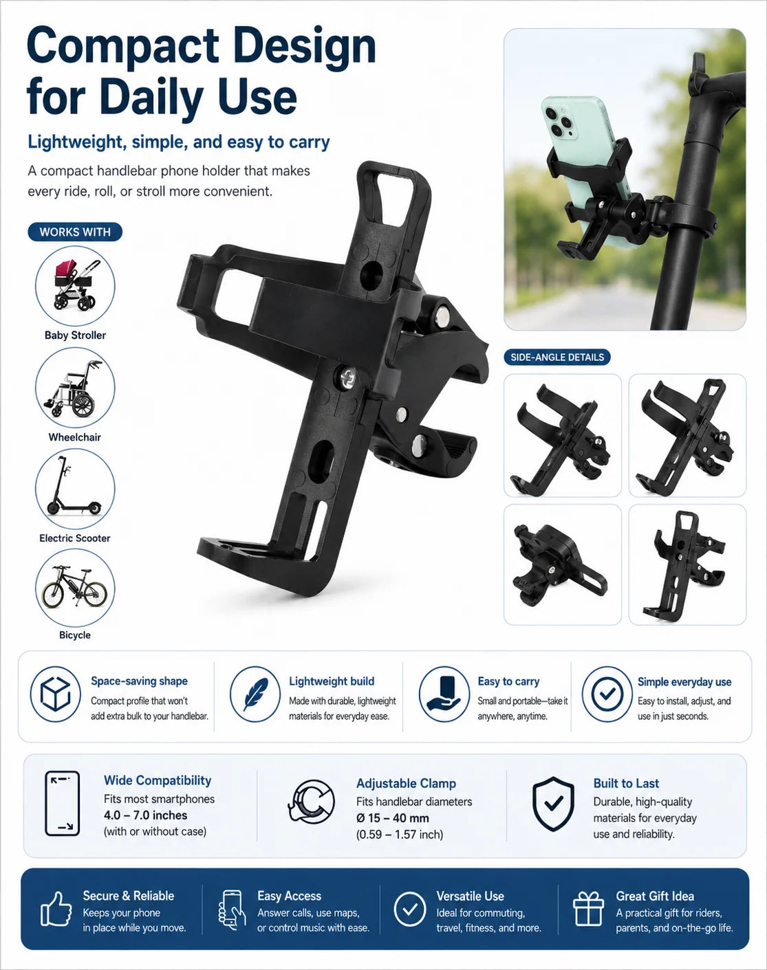 Universal Handlebar Phone Holder Adjustable Bike Scooter Stroller Wheelchair Mount Clamp Stand for 4.0-7.0 Inch Smartphones Uses
