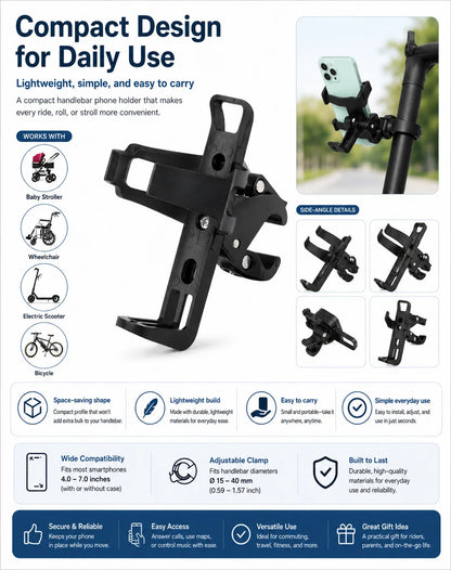 Universal Handlebar Phone Holder Adjustable Bike Scooter Stroller Wheelchair Mount Clamp Stand for 4.0-7.0 Inch Smartphones Uses