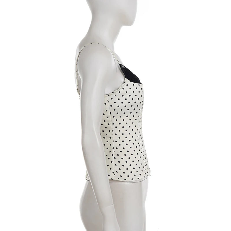 SUCHCUTE Chic Lace Patchwork Polka Dot Camis Tops Elegant Sleeveless Tank Tops Summer Casual Daily Wear Streetwear Camisole 2026