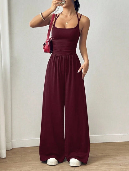 Women's Summer Black Casual Pleated Loose Straight-Leg Jumpsuit, Adjustable Halter Neck Tie