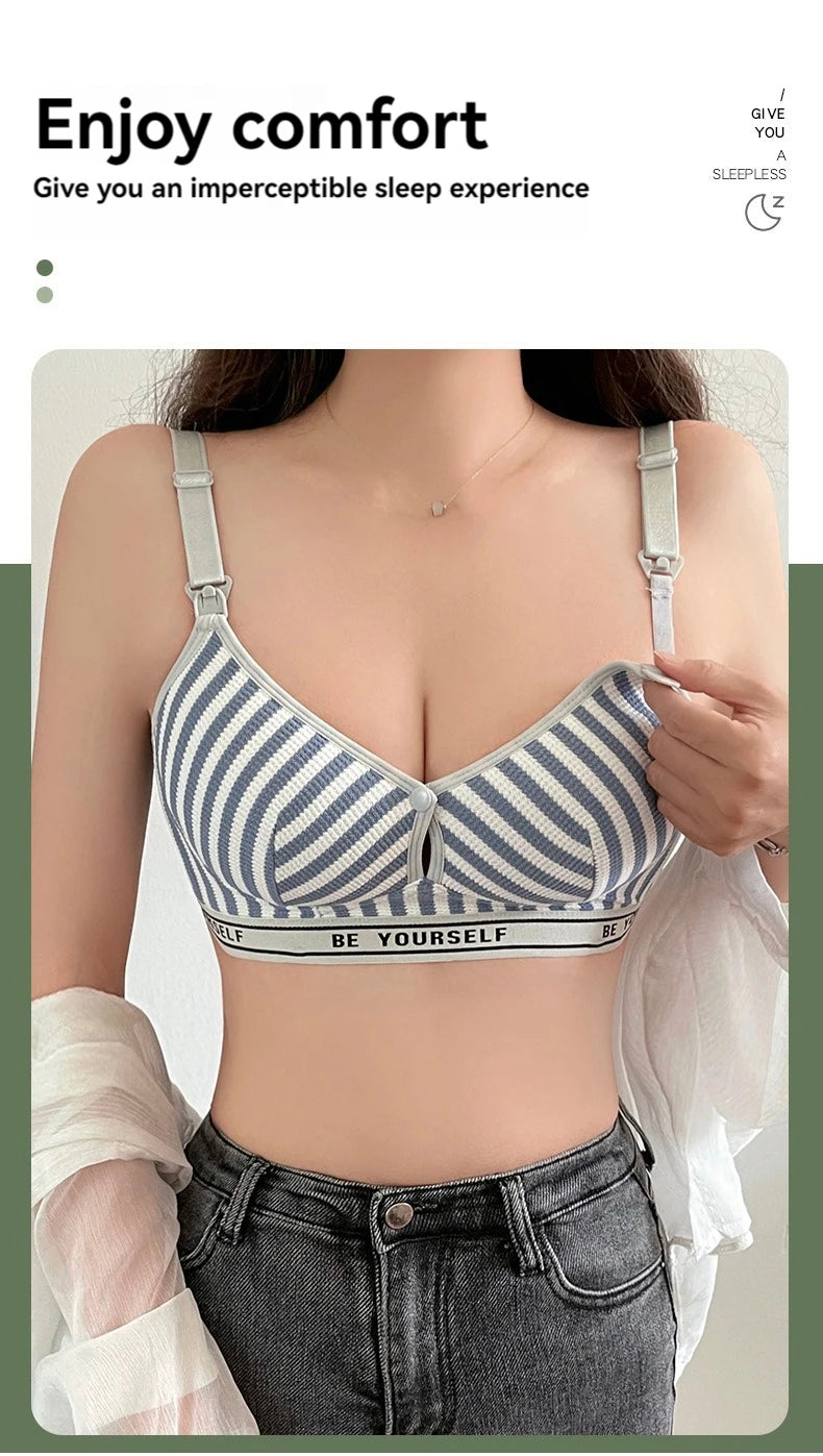 New Lightweight Breathable Maternity Breastfeeding Bra Made of Pure Cotton Gathered Anti Sagging Letter Stripe Women's Underwear