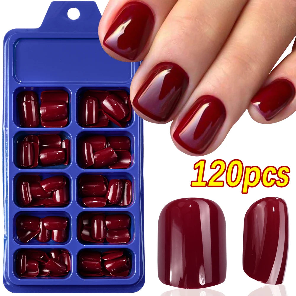 120Pcs Wine Red Almond Press On Nails Full Coverage Fake Nail Tip False Fingertips for Dating/Party Women Manicure Extension Tip