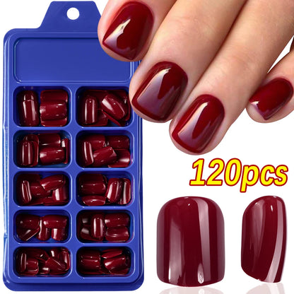 120Pcs Wine Red Almond Press On Nails Full Coverage Fake Nail Tip False Fingertips for Dating/Party Women Manicure Extension Tip