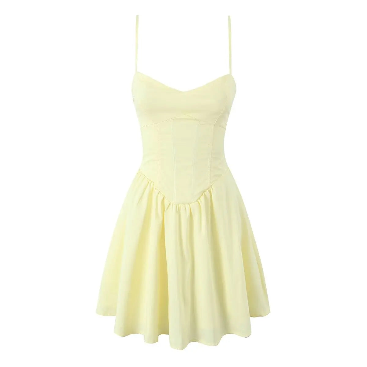 YENKYE Sexy Elegant Women Fishbone Waist Shaping Sling Mini Dress Lace Up Back Fit And Flare  Summer Party Dresses Yellow Robe