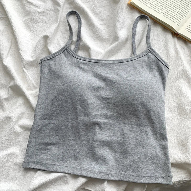 1PC Korean Women's Solid Color Spaghetti Straps Sleeveless Slim Camisole With Chest Pad