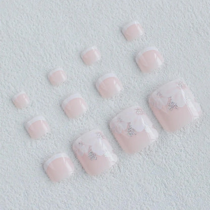 24PCS Pink Fake Toenails With Full Coverage Of Glossy Acrylic Glue, Designed Flower Artificial Ssticks, Suitable For Women's