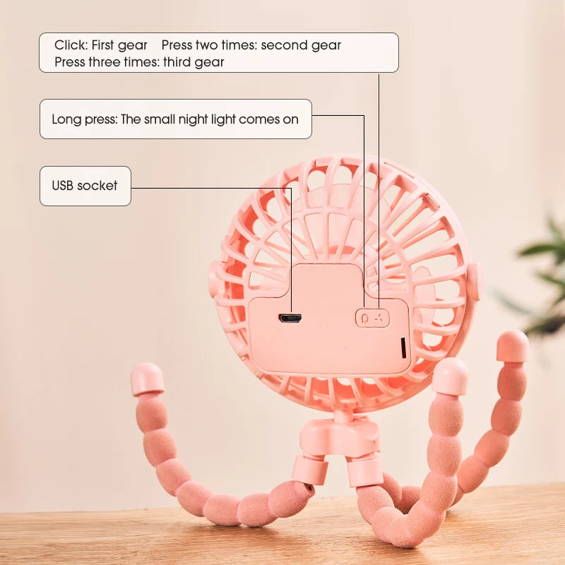 Portable USB Desktop Folding Fan,Outdoor Baby Stroller Handheld Fan, Summer Mute Small Multifunctional Octopus Mini Fan
