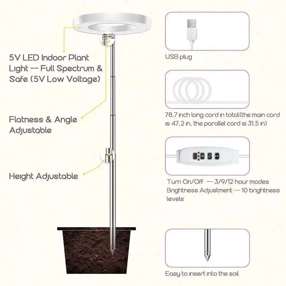 Full Spectrum Fill Light LED Grow Lamp for Indoor Solar Plants with Adjustable Height, 3/9/12H Timer 10-Level Dimming for Garden
